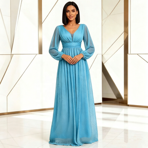 <span class=keywords><strong>Robe</strong></span> de soirée élégante pour femme, à manches longues, col en V, fluide, doublée, plissée, extensible, transparente, pour les occasions formelles - Product Image 1