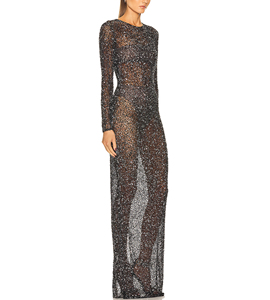 Sexy Fashion Slim Fit trasparente con cerniera posteriore Design con paillettes impreziosito <span class=keywords><strong>da</strong></span> tessuto a rete <span class=keywords><strong>da</strong></span> donna Maxi abito <span class=keywords><strong>da</strong></span> <span class=keywords><strong>sera</strong></span> a maniche lunghe - Product Image 3