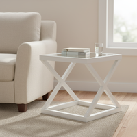 Table basse Heywood en bois massif fabriquée à la main en Europe avec plateau en verre blanc pour la maison et les événements de mariage