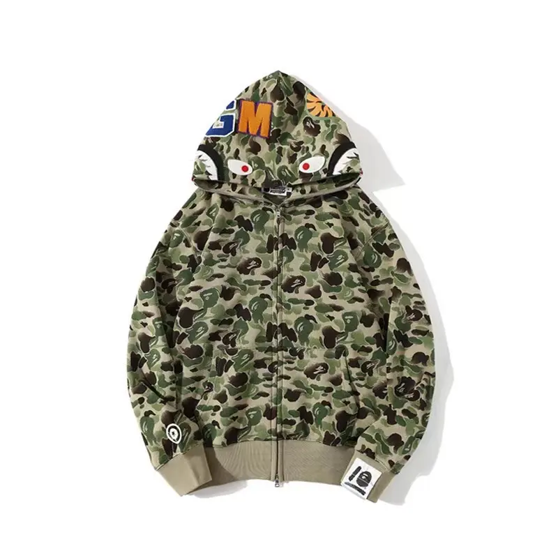 Testa di squalo caldo 3D stampa digitale felpa uomo moda ciniglia ricamata Full Zip Up Camouflage felpa con cappuccio