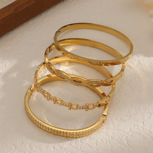 Fashion <b>Bangle</b> <b>Set</b> 18k Gold Plated Stainless Steel Diamond Encrusted Spring Loaded Opening Unisex Jewelry Gift - Product Image 1