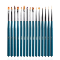 Juego de 15 pinceles para decoración de uñas con mango azul lago, de nailon, para pintura, dibujo y delineado de gel UV, venta al por mayor