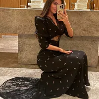 Robe longue noire ajustée à panneaux en dentelle imprimée, coupe crayon, col en V, manches trois quarts, pour occasions élégantes, vente en gros ODM