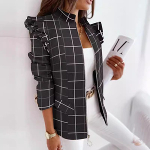 2025 <span class=keywords><strong>Plataforma</strong></span> independiente Artículo superventas: chaqueta <span class=keywords><strong>Blazer</strong></span> estampada con cremallera de manga larga con volantes para Otoño/Invierno para mujer - Product Image 4
