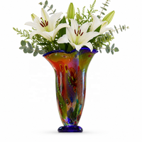 Vase en verre artistique multicolore, vase trompette, bord bleu cobalt, vase floral haut, décoration d'intérieur, centre de table pour salon, mariage