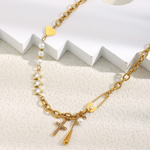 <span class=keywords><strong>Collier</strong></span> chaîne de perles d'imitation Dreamshow avec pendentif étoile et croix en zircon, bijoux plaqués or en acier inoxydable - Product Image 4