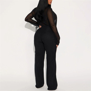 Tenues pour femmes, haut court à manches longues et col en V profond, pantalon, ensemble sexy en maille pour femmes, 2 pièces - Product Image 3