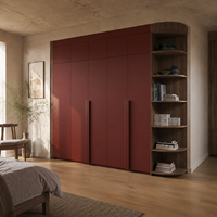 Armoire de chambre à coucher sur mesure de style italien moderne avec portes laquées bordeaux et étagères ouvertes en noyer