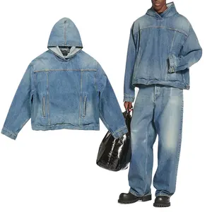 Moda masculina denim hoodies alta streetwear lavado pullover jean hoodie alta qualidade algodão personalizado oversized denim jaqueta com capuz