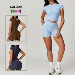 Nouveau Eco Friendly 2PCS Shorts Yoga Set Custom Crop Top Gym et Cross Waist Scrunch Active Shorts Summer 2PCS Gym Clothing - Product Image 5