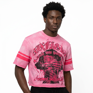 Custom Wholesale <b>Men</b> <b>Pink</b> Boxy Fit Graphic T-<b>Shirt</b> Y2K Streetwear Oversized Heavyweight Tee with Striped Sleeves - Product Image 1