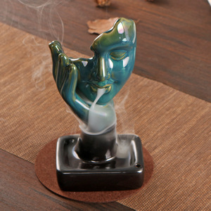 Ceramic Face <b>Backflow</b> <b>Incense</b> Burner Deep Blue Thoughtful Design Home Decoration Religious Use Aromatherapy Diffuser - Product Image 2