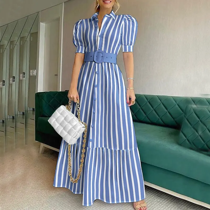 wholesale Summer Elegant Turn Down Collar Stripe Print Shirts Maxi Dress With Belt Casual Women Puff Sleeve Long Dresses