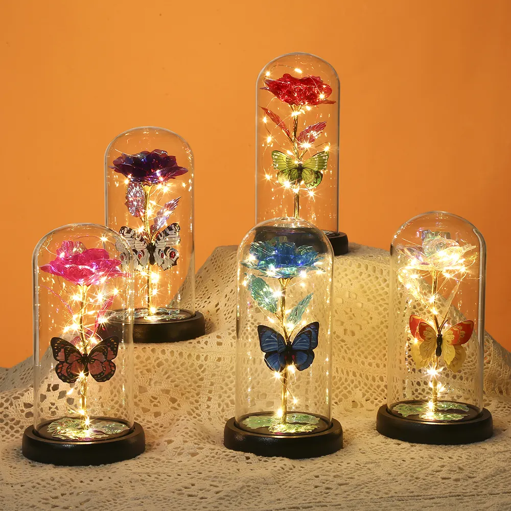 Yeni tasarım Led ışık Up güller kubbe yapay gül çiçek ışık bir cam