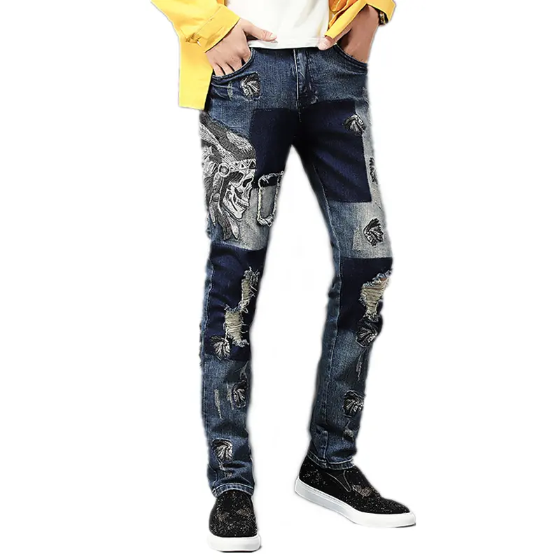 Quần Denim Rách Co Giãn Thời Trang Phong Cách Mới Quần Jean Nam Thêu Vá Hình