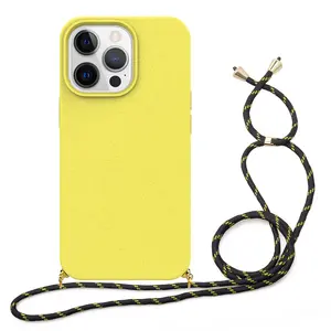 2023 Biodegradable Wheat Straw Recycle 100% Phone Case With Neck Lanyard For IPhone 15 Ultra Case For IPhone 14 15 Pro Case