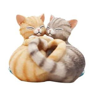 Love heart shape & blue stripe pillow Two cats hug each other Desktop decoration and gift custom resin