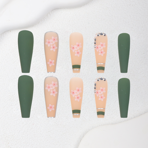 Lot de 24 faux <span class=keywords><strong>ongles</strong></span> longs <span class=keywords><strong>vert</strong></span> <span class=keywords><strong>olive</strong></span> à presser, motifs fleurs de cerisier et strass, en ABS pré-dessinés - Product Image 4