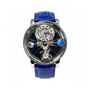 Luxury Men's Mechanical Skeleton Watch Blue Leather Strap Moon Phase Analog Stainless Steel Case 43mm Roman Numeral Dial - Product Image 1