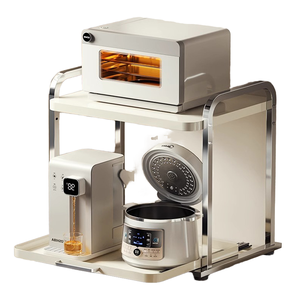 Estante de Almacenamiento para Microondas de 2 Niveles, Acero al Carbono y Madera Sólida, Extraíble, para Electrodomésticos de Cocina, Encimera, Horno, Olla Arrocera, Olla - Product Image 1