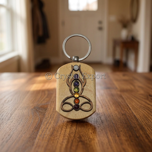 Wood Carabiner Keychain with Chakra Stones Buddha Design Engraving Feature Portable <b>Charm</b>-Crystalexports.com Reiki Key - Product Image 3