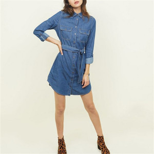 Col Décolleté Bleu Cravate Taille Léger Denim Chemise <span class=keywords><strong>Robe</strong></span> - Product Image 1