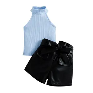 童装-女童套装-挂领上衣 + 蓝色皮裤