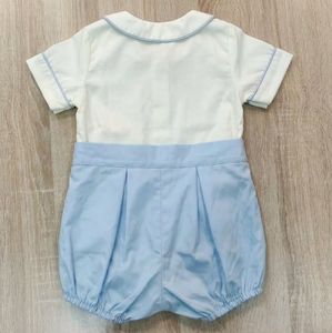 Barboteuse smockée pour bébé garçon, tenue classique de style européen pour nourrisson, barboteuse bleue à manches courtes pour l'été, vêtements de boutique - Product Image 4