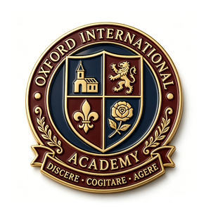 Insignia circular de aleación de zinc chapada en oro de la Academia Internacional de Oxford, con esmalte duro y grabado, artículo coleccionable. - Product Image 1