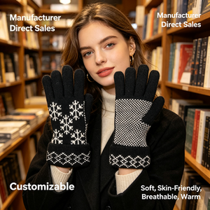 Guantes de punto de acrílico/algodón para mujer, diseño de copo de nieve, cálidos, térmicos, con <span class=keywords><strong>dedos</strong></span> completos, compatibles con pantalla táctil, suaves, transpirables, cinco <span class=keywords><strong>dedos</strong></span> - Product Image 2