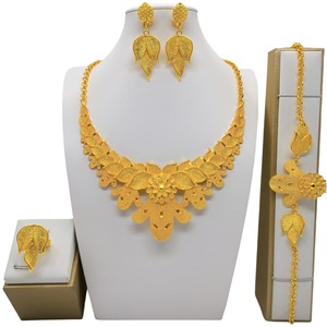 Gold Plated Jewelry <b>Set</b> Necklace Earrings Ring <b>Bracelet</b> Women's Wedding Luxury Floral Style 22k Gold Plated Fine Jewelry - Product Image 3