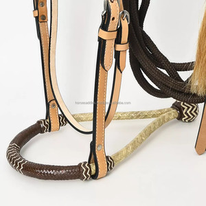 Ensemble de bridon d'entraînement pour chevaux Western en cuir véritable Rawhide Bosal avec têtière et rênes Mecate – Équipement d'équitation de qualité supérieure – Vente en gros - Product Image 2
