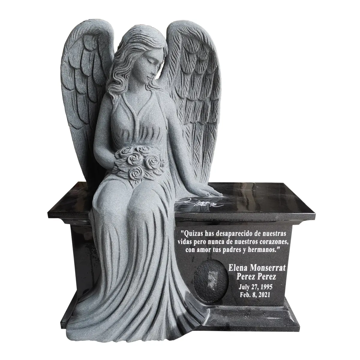 India Zwart Graniet Begraafplaats Engel Vleugel Standbeeld Gedenksteen Grafsteen Met Bank