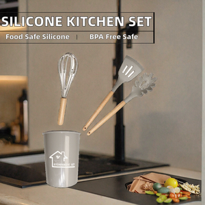 12 Piece <b>Silicone</b> Kitchen Utensil Set with Wooden Handles Nonstick Cooking <b>Tools</b> Spatula Ladle Whisk Tongs Spoon Brush - Product Image 2