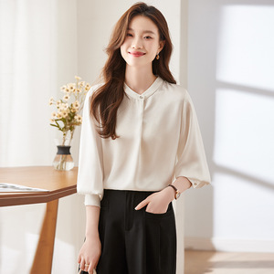 French Style Women's Chiffon Blouse White Black Solid Color Stand Collar Loose Fit Everyday Shirt Q105 - Product Image 2