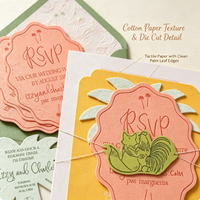 Suite d'invitations de mariage de luxe en papier texturé rose, jaune et vert, impression numérique, motif tropical, découpe feuille de palmier, impression de carte