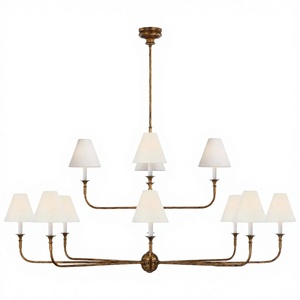 Lámpara de araña de latón dorado con pantallas de tela, LED E27, luz blanca cálida suave de 2700K para sala de estar, lámpara de techo montada - Product Image 1