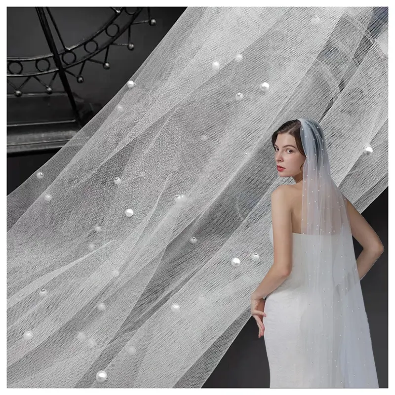 Großhandel Weiß 3D Perlen Perle Tüll Stoff für Hochzeits kleid/Schleier