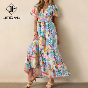 Custom watercolor print deep V-neck ruffled elastic waist short-sleeved beach <b>dress</b> high-quality rayon casual <b>dresses</b> - Product Image 1