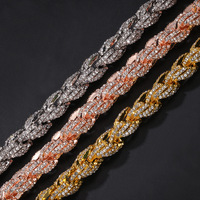 Hip Hop Strass Bijoux Bling Rose Or Chaîne En Alliage De Zinc Collier Twist Corde Haute Qualité Brillant Chaîne Collier 9mm pour Femmes