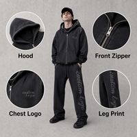 Conjunto de Dos Piezas Personalizado: Sudadera con Cremallera y Gráfico Tonal en el Pecho, Pantalones Deportivos Holgados, Ropa Deportiva Casual para Hombre