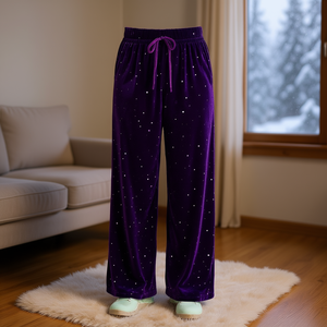 Pantalon large en velours taille haute à imprimé pois pailletés coupe décontractée pour femme, 100 % polyester, idéal pour l'hiver - Product Image 2