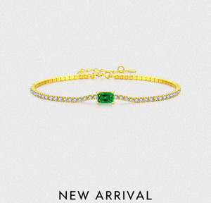 S925 silver Minimalist 22k Gold Plated Chain <b>Bracelet</b> With Emerald Cut Green Stone And Diamond Accents For Women Everyday Wear - Product Image 6