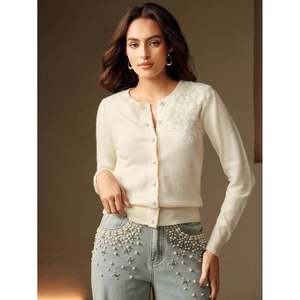 Women's <b>White</b> Floral Embroidered Button Front Full Sleeve <b>Thin</b> Knit <b>Cardigan</b> for All Seasons - Product Image 5