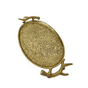 Oval <b>Brass</b> Decorative Tray With Floral Engraved Pattern Bohemian Style Handle Design Antique Design Trays For Home Decoration - Product Image 1