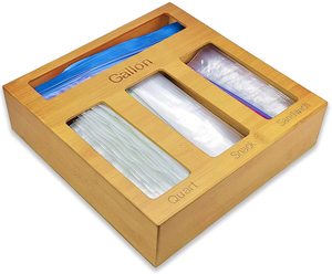 Wholesale Bamboo Ziplock Bag Storage Organizer with lid for Drawer Food Sandwich Storage Bag Plastic Bag Organizer Holder