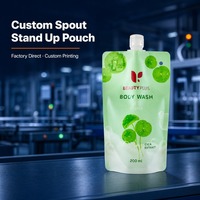 Pochette souple verticale de 200 ml (6,76 fl oz) avec bec verseur et trou de suspension, en OPP/NY/PE de 160 microns, finition mate, imperméable, pour gel douche, disponible en vert/rouge/blanc