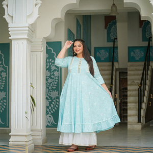 Women's Plus Size Cotton Anarkali Kurta Blue Color Floral Printed Embroidered Round Neck <b>Three</b> Quarter Sleeves Comfortable Wear - Product Image 1