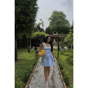 Robe mini vintage rayée bleue, en spandex de haute qualité, col sans bretelles, style élégant longueur ras du sol pour les journées printemps-automne, taille 2XL - Product Image 6