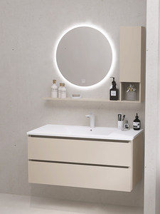 Meuble de salle de bain suspendu au mur avec lavabo intégré en céramique, style crème français moderne et minimaliste, miroir intelligent - Product Image 6